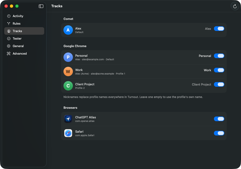 Turnout's Tracks settings page listing Chrome profiles named Personal, Work and Client Project, plus Safari.